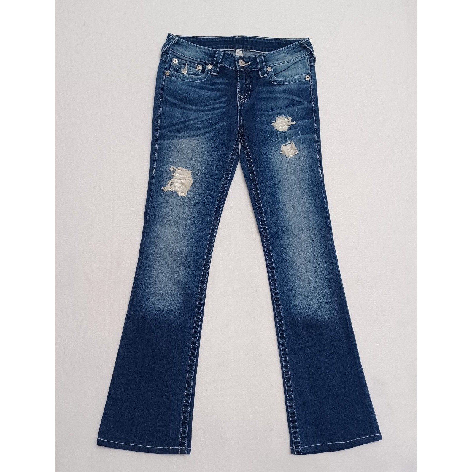 True Religion Bootcut W/Flaps Nat Clr Crystal Women's Size 28 Distressed Jeans